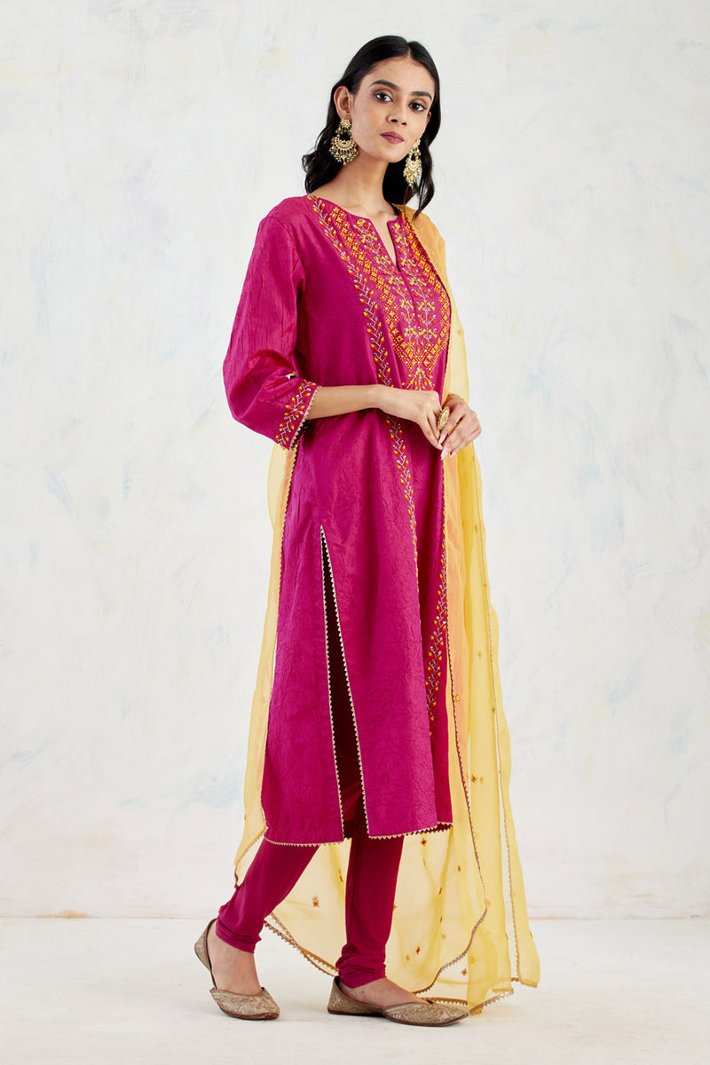 Fuchsia Crinkle Silk Kurta In Intricate And Colourful Bead Work Paired With Yellow Organza Dupatta And Lycra Mesh Legging