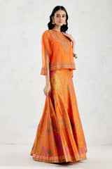 Tangerine Organza Cape In Intricate Bead Work Embroidery Paired With Hand Block Printed Dupion Skirt