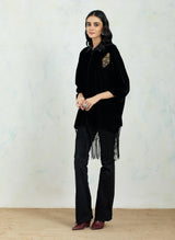 Black Velvet Shirt With Tassel Border And Embellished Zardozi Brooch