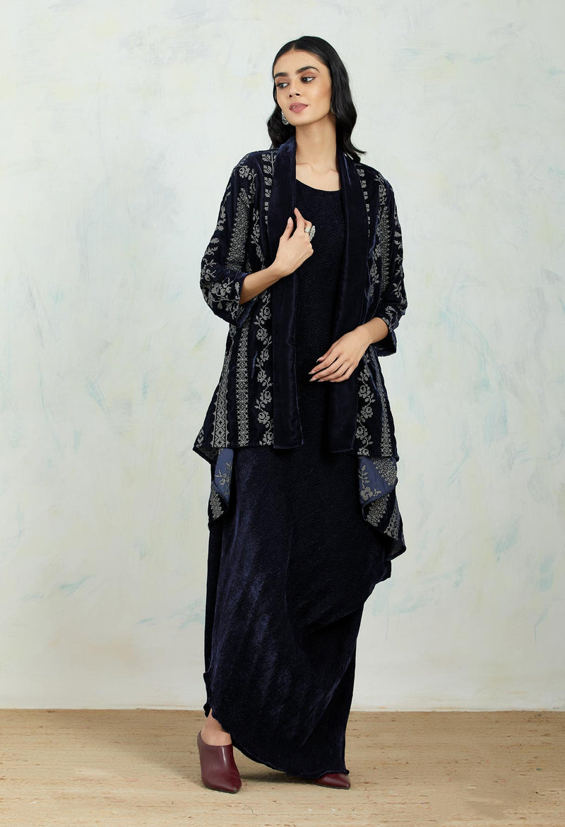 Velvet Jacket Cape In Zari Embroidery Paired With Velvet Paired Dress