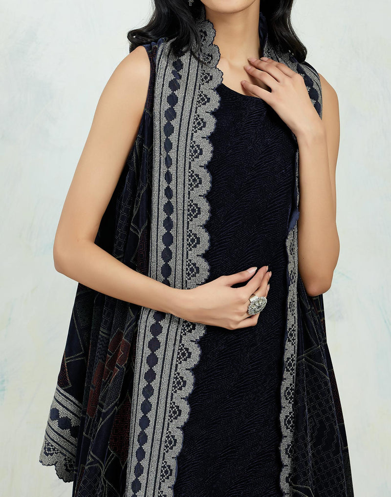 Navy Velvet Cape In Hand Block Print And Zari Embroidered Border Paired With Drape Dress