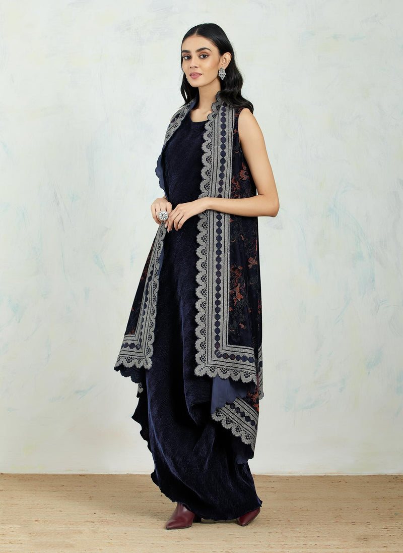 Navy Cape In Hand Block Print And Zari Embroidered Border Paired With Drape Dress
