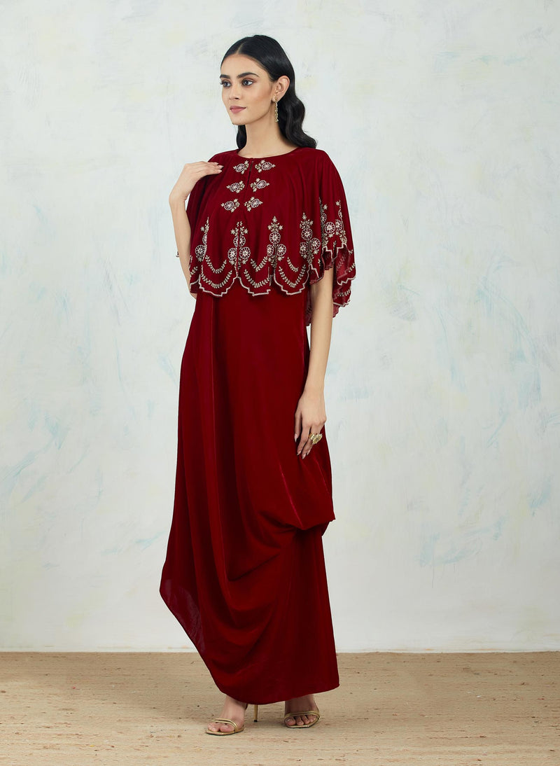 Maroon Circular Velvet Hand Embellished Cape Paired With Crinkle Drape Dress
