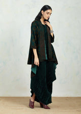 Hand Block Printed Velvet Jacket Cape Paired With Crinkle Drape Dress