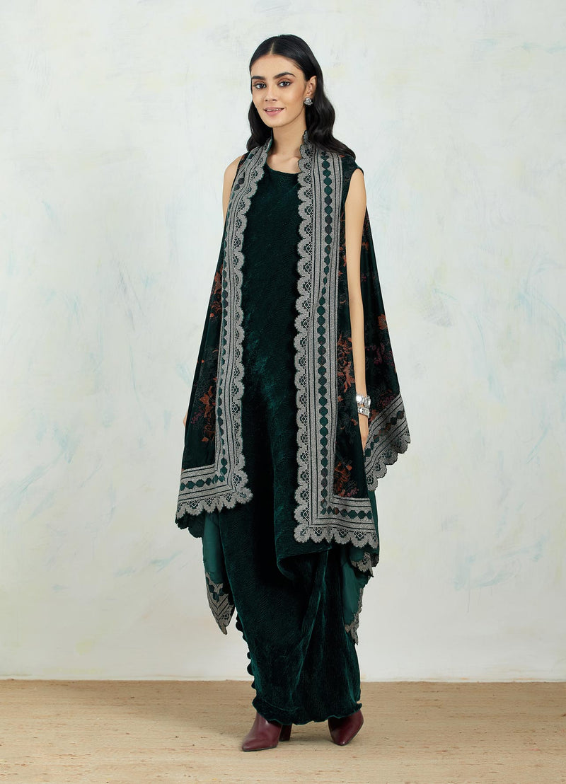 Velvet Jacket Cape In Scallop Zari Embroidery And Block Print Paired With Velvet Drape Dress
