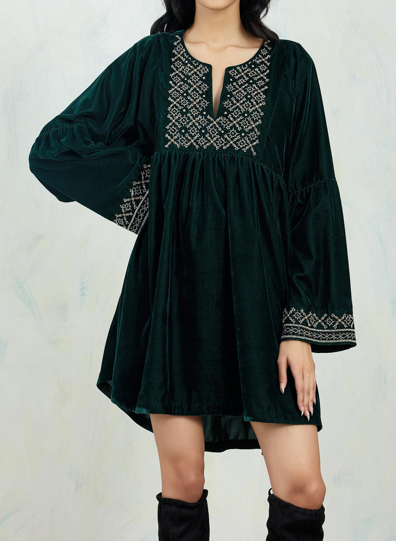 Navy Boho Tunic In Velvet With Intricate Hand Embroidery