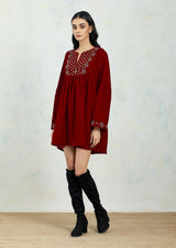 Maroon Boho Tunic In Velvet With Intricate Hand Embroidery