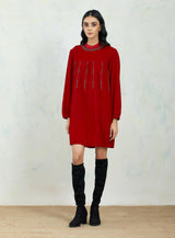Velvet Cherry Red Tunic In Hand Embroidery
