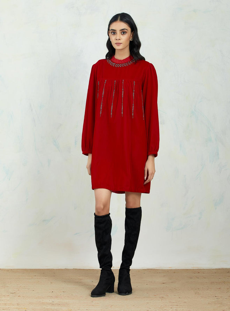 Velvet Cherry Red Tunic In Hand Embroidery