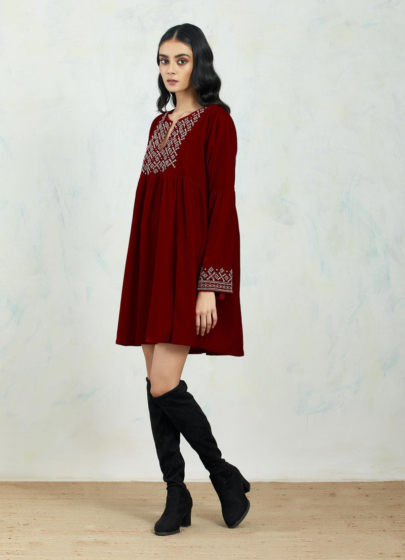 Maroon Boho Tunic In Velvet With Hand Embroidery
