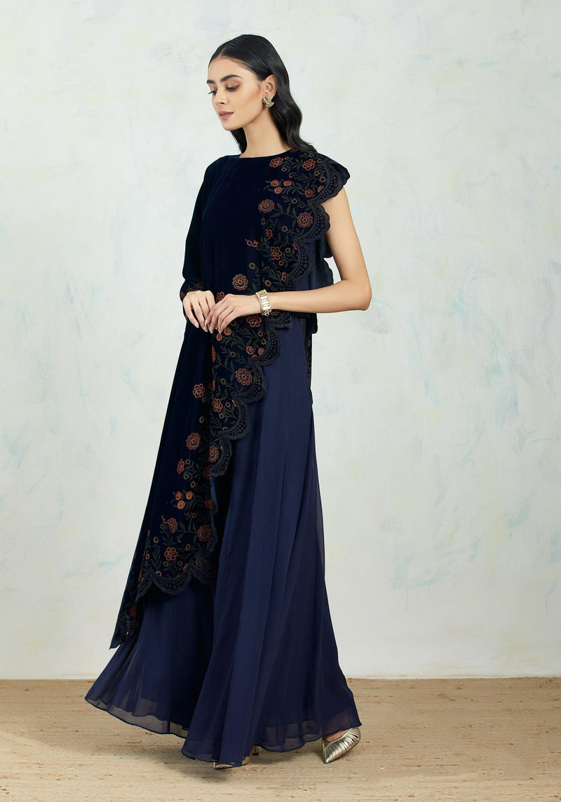 Asymetric Velvet Cape In Hand Block Printed Scallop Border Paired With Chiffon Panelled Sharara