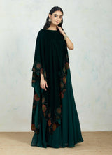 Asymetric Velvet Emerald Cape In Hand Block Printed Scallop Border Paired With Chiffon Panelled Sharara