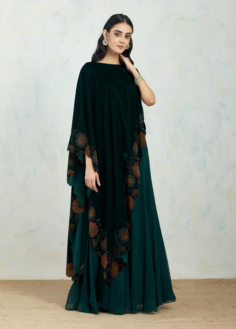 Asymetric Velvet Emerald Cape In Hand Block Printed Scallop Border Paired With Chiffon Panelled Sharara