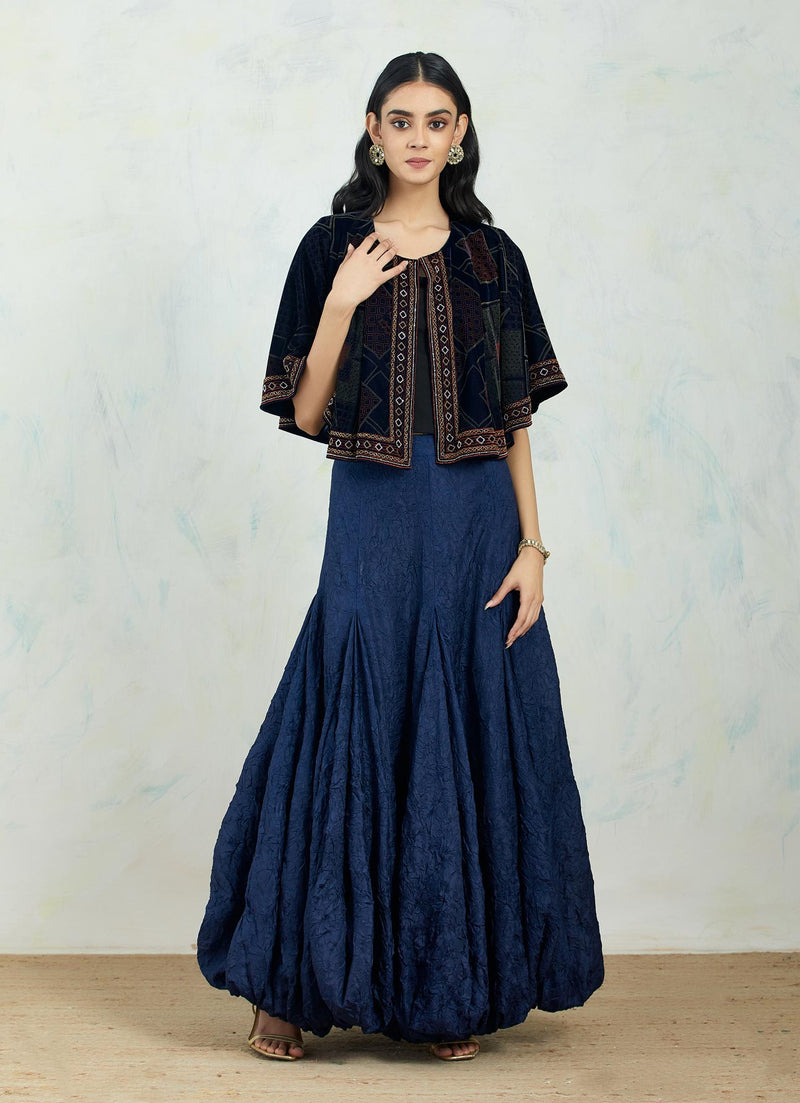 Hand Block Printed And Embellished Navy Front Open Circular Cape Paired With Crush Silk Balloon Skirt