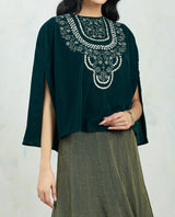 Emerald Green Velvet Intricately Embroidered Cape Paired With Gold Green Textured Mesh Skirt