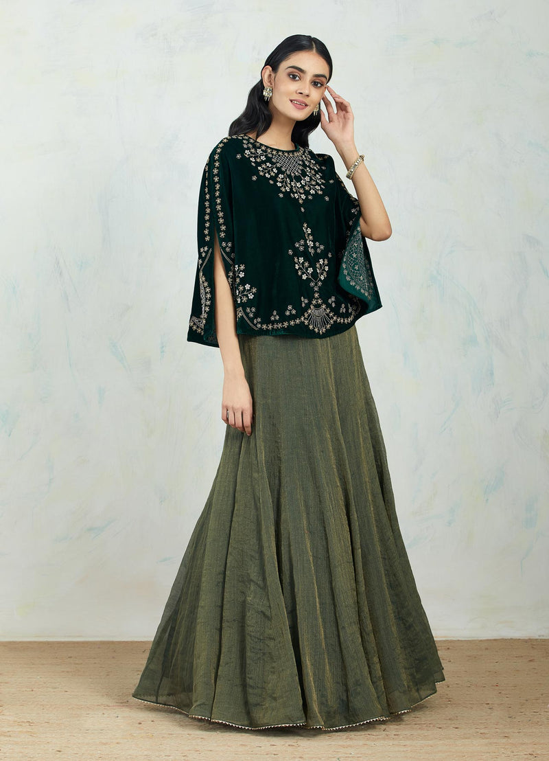 Emerald Green Velvet Cape Paired With Gold Green Textured Mesh Skirt