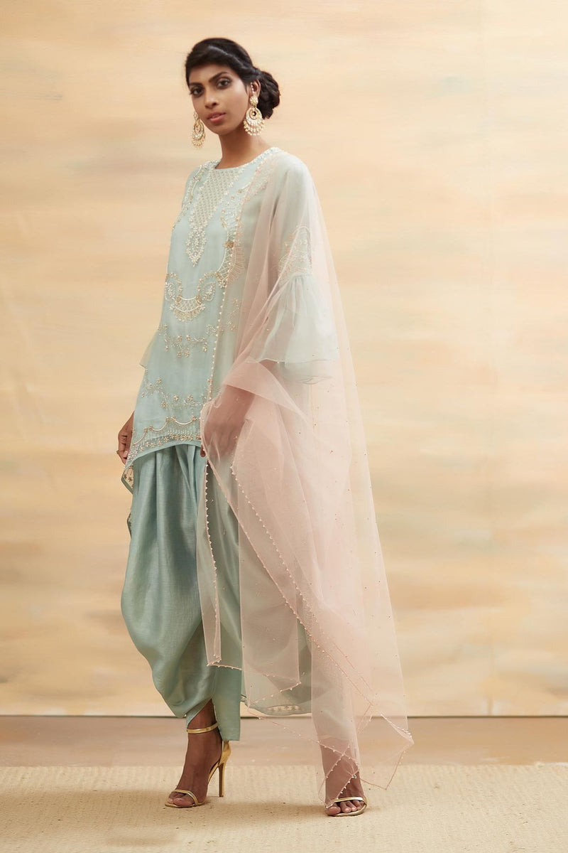 Mint Green Hand Embroidered Short Kurta Set