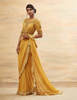 Yellow Hand Embroidered Festive Saree Set