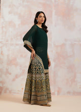 Bottle Green Asymmetric Crinkle Georgette Cape  With Sharara