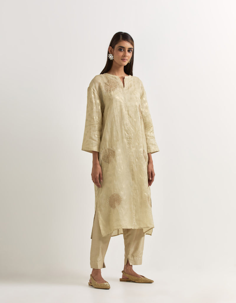 Beige Kurta With Pants In Organza and Chanderi