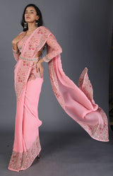 Candy Pink Printed Crinkled Saree With Blouse