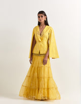 Yellow Jacket With Tiered Skirt In Linen and Organza