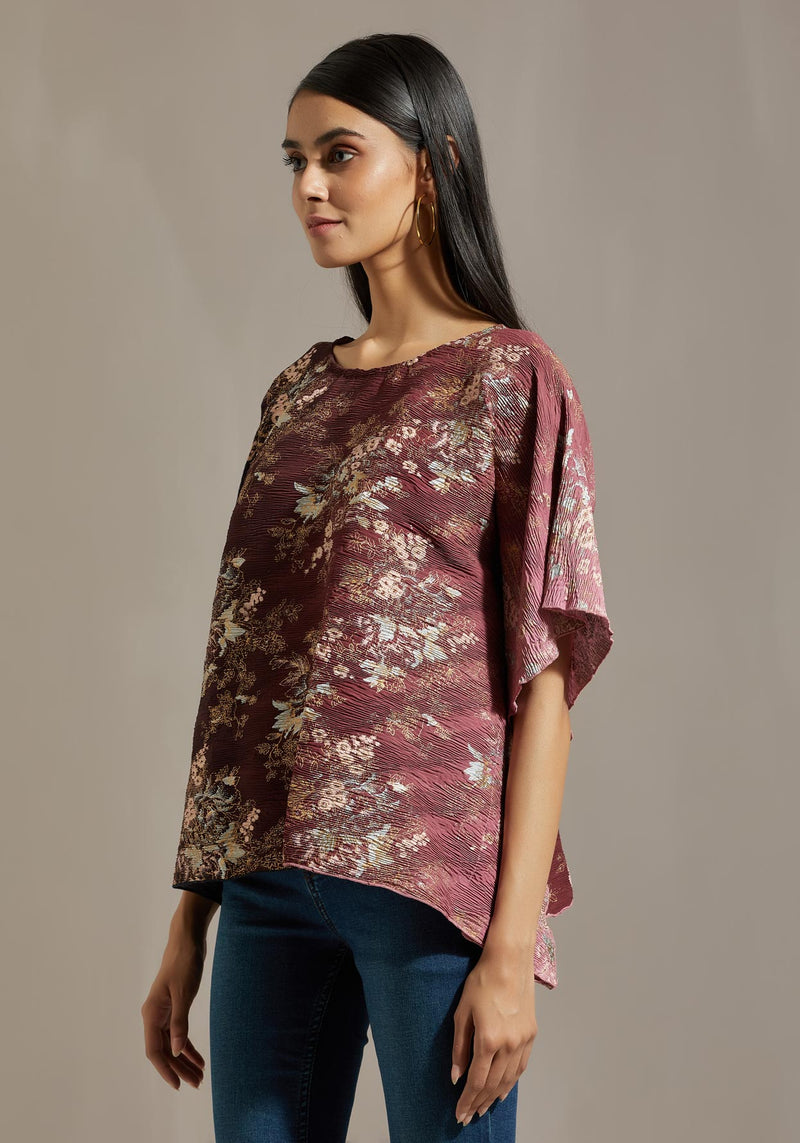 Wine Crinkle Floral Printed Poncho