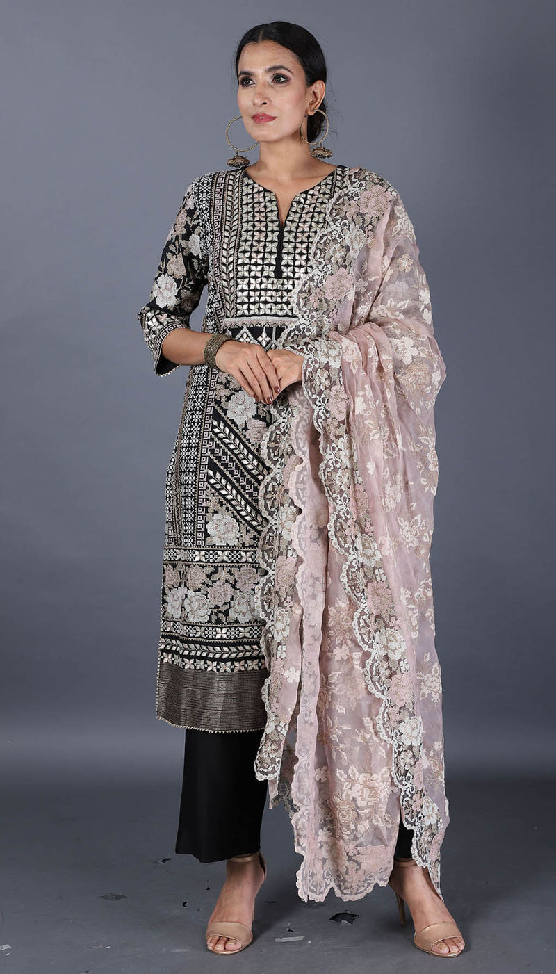Black Cross Stitch Embroidered And Gota Work Kurta Set