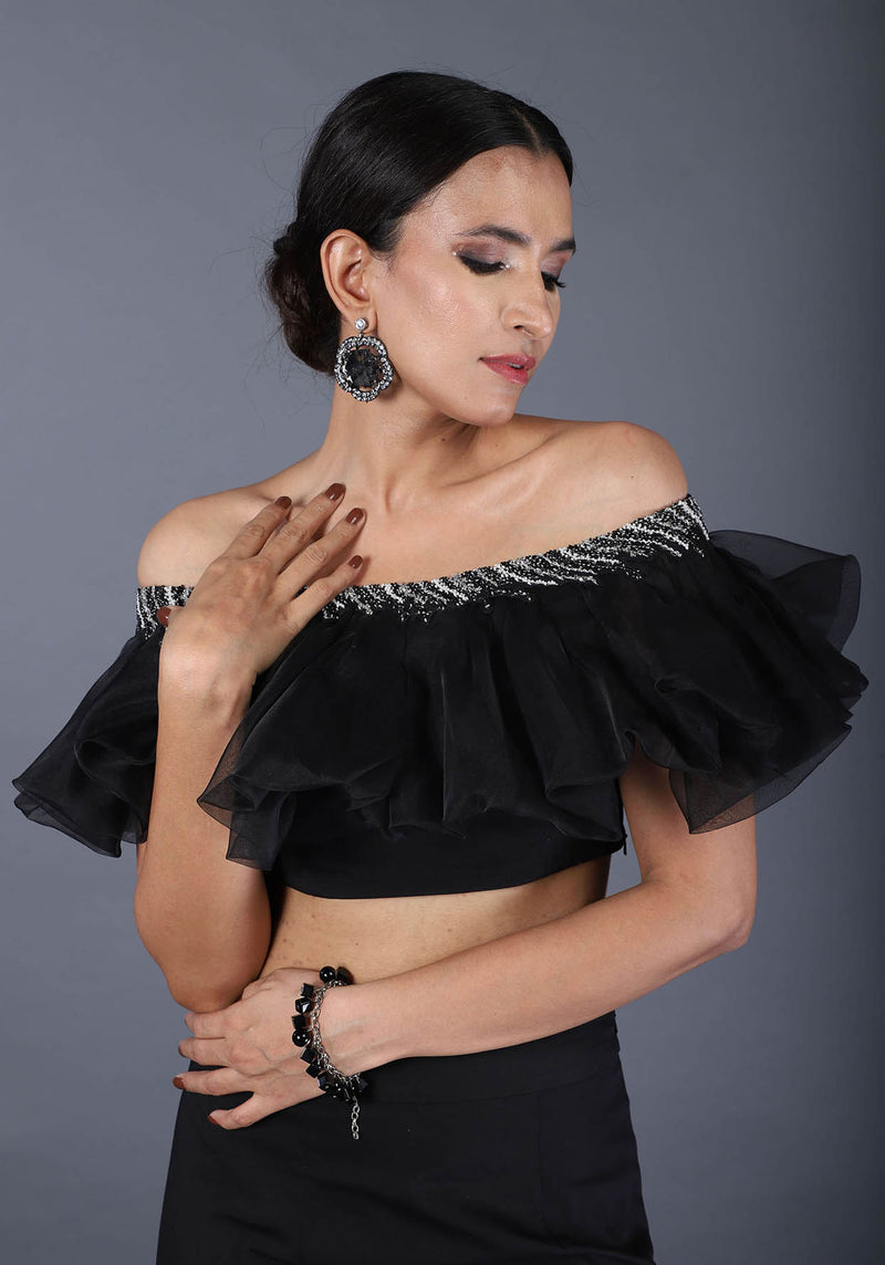 Black Baloon Crop Top With Asymmetrical Tiered Skirt