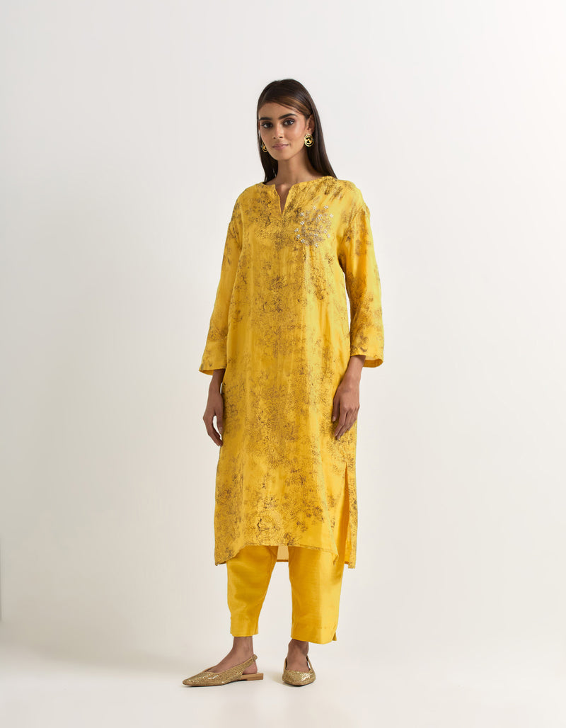 Yellow Kurta With Pants In Organza and Chanderi
