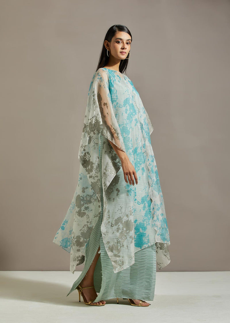 Powder Blue Organza Printed Cape With Dress