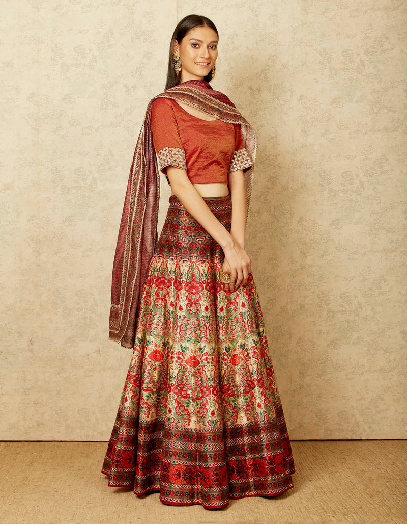 Maroon Lehenga Set with a Lehriya Dupatta