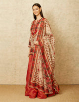 Maroon and Beige Chintz Printed Lehenga Set with a Belt
