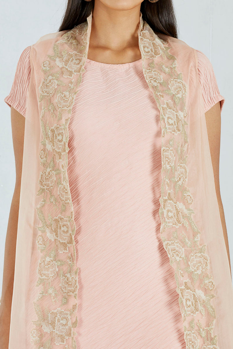 Peach Organza Cape With Crinkle Dress