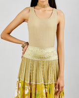 Textured Elasticated Sleeveless Top In Beige Paired With Print And Tiered Skirt