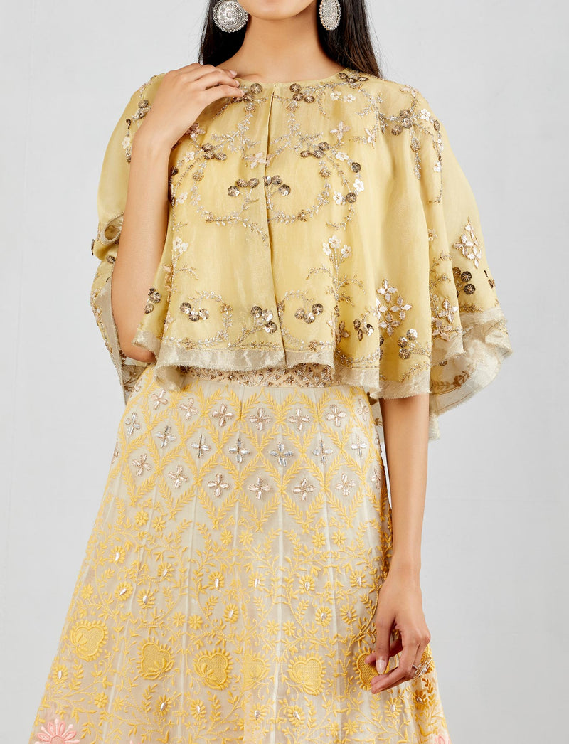 Organza And Tissue Front Open Embellished Cape With Gotta Patti Chikankari Skirt