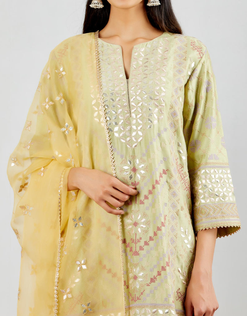 Sage Green Gota Patti Embroidered Straight Kurta With Slim Fit Pants And Yellow Dupatta