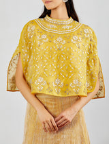 Yellow Organza Cape With Gold Textured Paneled Skirt