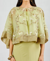 Sage Green Circular Cape In Intricate Hand Embroidery With Tiered Skirt