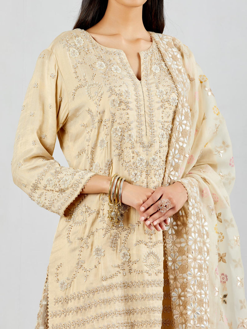 Ivory Silk Tissue Kurti Top with Beige Sharara and Dupatta