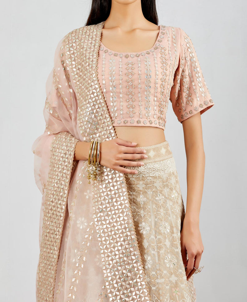 Blush Pink All Over Embroidered Organza Silk Lehenga with Blouse & Dupatta