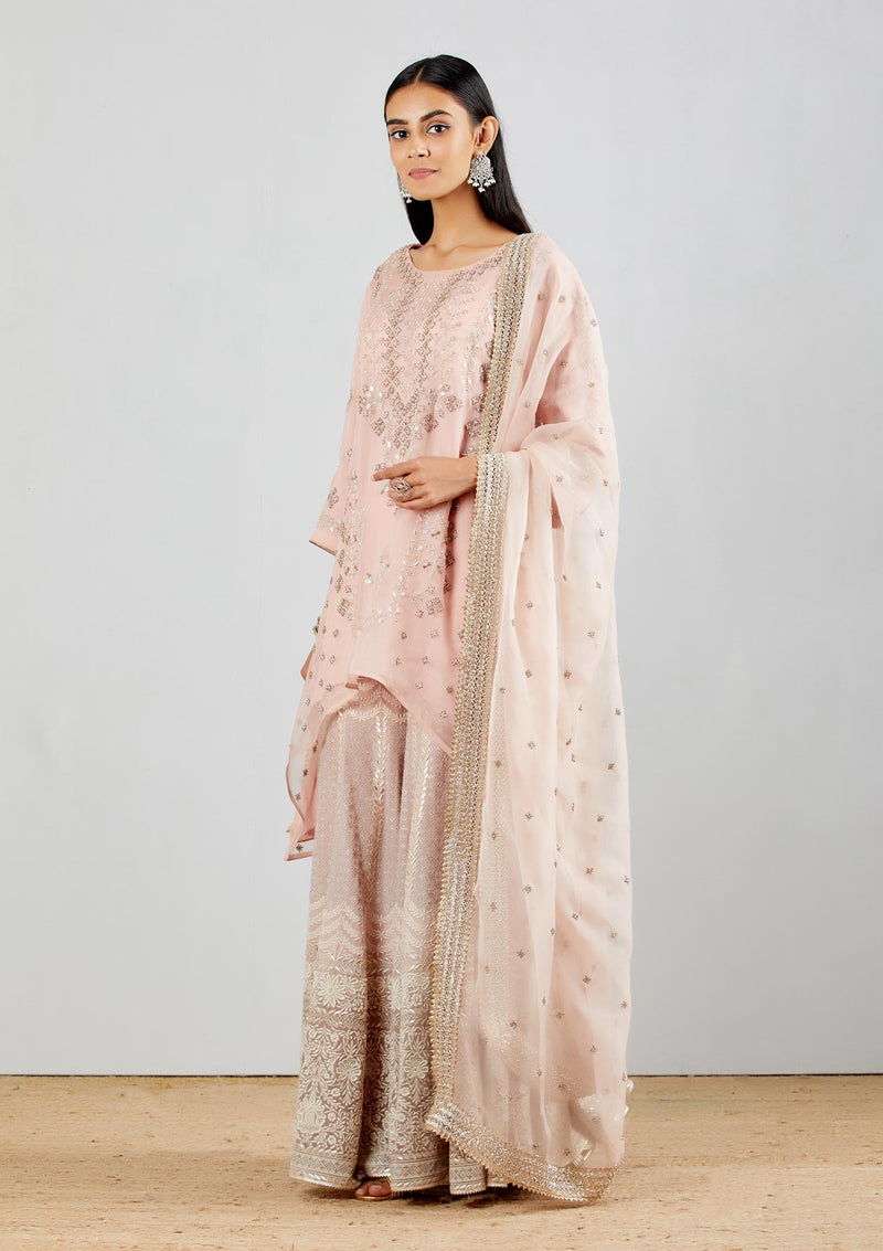 Blush Pink Organza Silk High Low Tunic with Embroidered Sharara And Dupatta