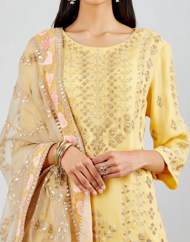 Pale Yellow High Low Tunic with Sharara And Dupatta