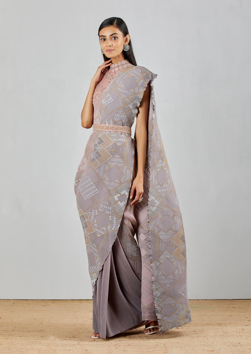 Blush Pink Pre-Stitched Crinkle Crepe Hand Block Saree With Hand Embroidered Blouse