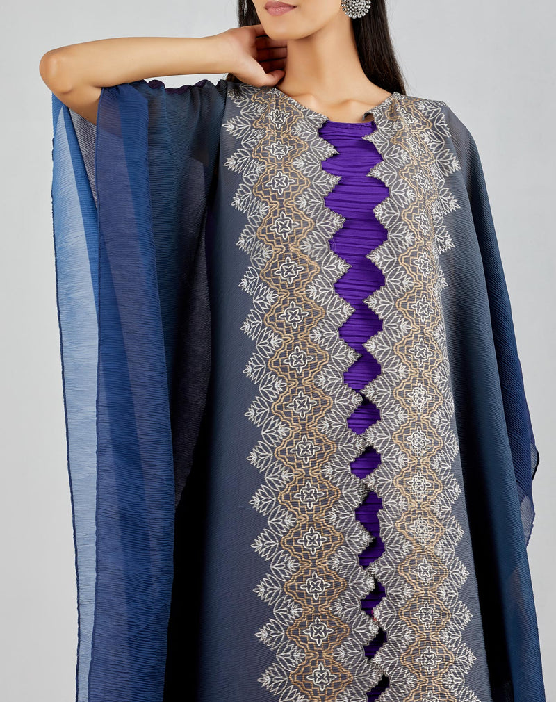 Shaded Blue Purple Crinkle Crepe Dress With Cape