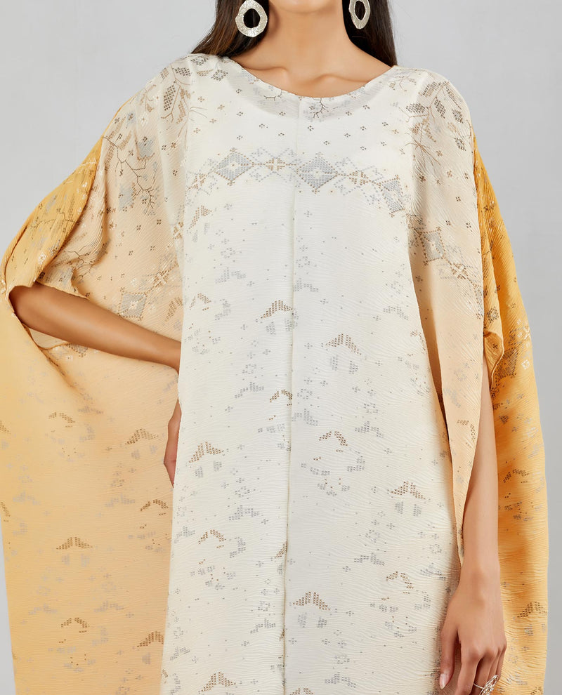 Ivory-Yellow Shaded Crinkle High Low Dress In Hand Block Print
