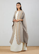 Ivory Crinkle Crepe Dress With Grey Front Open Hand Block Printed Cape