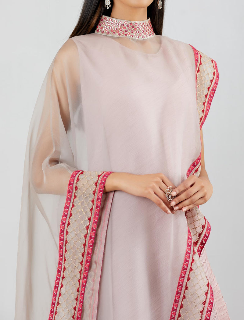 Blush Pink Grey Shaded Crinkle Crepe Dress With Asymmetric Cape