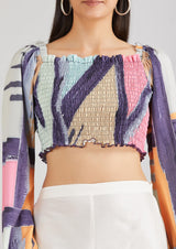 Multicolor Smocking Crop Top in Abstract Print