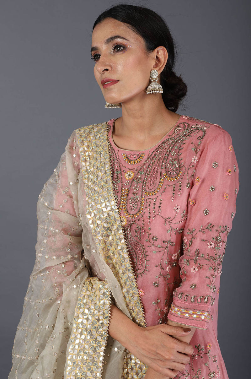 Salmon Pink High Low Kurta With Sharara Set